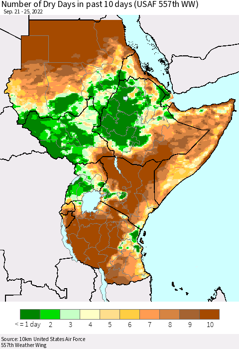 Eastern Africa Number of Dry Days in past 10 days (USAF 557th WW) Thematic Map For 9/21/2022 - 9/25/2022