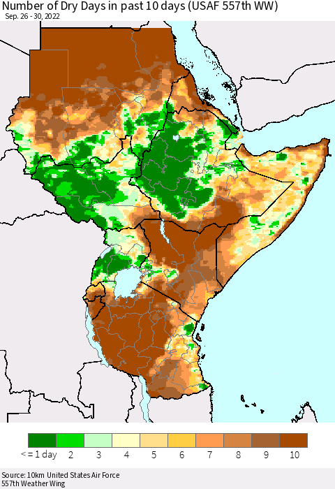 Eastern Africa Number of Dry Days in past 10 days (USAF 557th WW) Thematic Map For 9/26/2022 - 9/30/2022