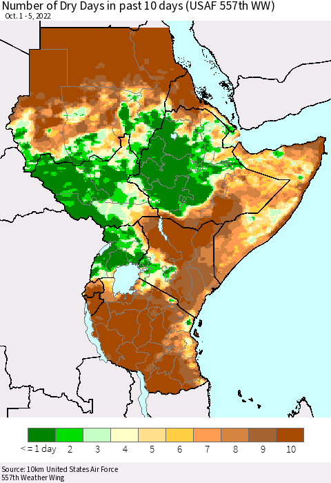 Eastern Africa Number of Dry Days in past 10 days (USAF 557th WW) Thematic Map For 10/1/2022 - 10/5/2022