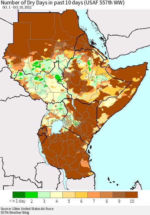 Eastern Africa Number of Dry Days in past 10 days (USAF 557th WW) Thematic Map For 10/6/2022 - 10/10/2022