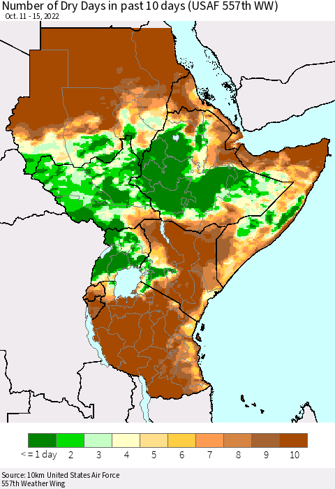 Eastern Africa Number of Dry Days in past 10 days (USAF 557th WW) Thematic Map For 10/11/2022 - 10/15/2022