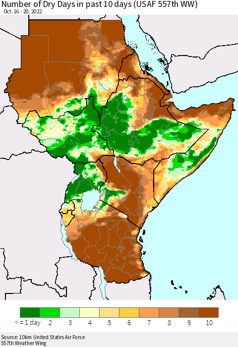 Eastern Africa Number of Dry Days in past 10 days (USAF 557th WW) Thematic Map For 10/16/2022 - 10/20/2022