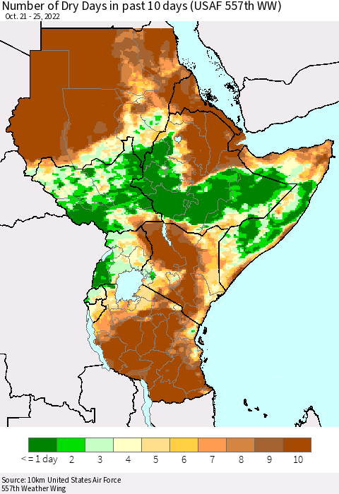 Eastern Africa Number of Dry Days in past 10 days (USAF 557th WW) Thematic Map For 10/21/2022 - 10/25/2022