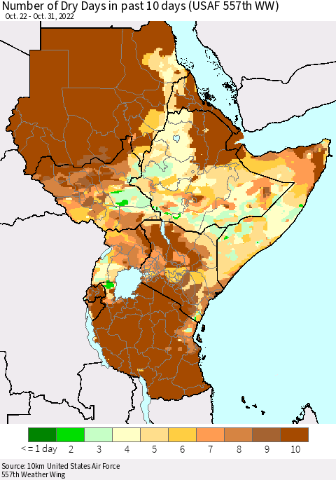 Eastern Africa Number of Dry Days in past 10 days (USAF 557th WW) Thematic Map For 10/26/2022 - 10/31/2022
