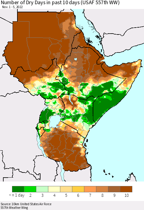Eastern Africa Number of Dry Days in past 10 days (USAF 557th WW) Thematic Map For 11/1/2022 - 11/5/2022