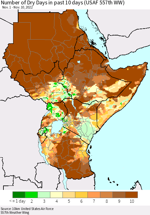 Eastern Africa Number of Dry Days in past 10 days (USAF 557th WW) Thematic Map For 11/6/2022 - 11/10/2022