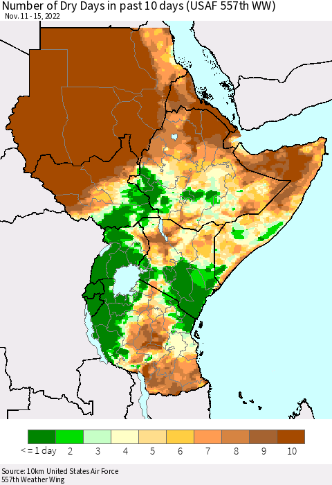 Eastern Africa Number of Dry Days in past 10 days (USAF 557th WW) Thematic Map For 11/11/2022 - 11/15/2022