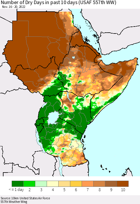 Eastern Africa Number of Dry Days in past 10 days (USAF 557th WW) Thematic Map For 11/16/2022 - 11/20/2022