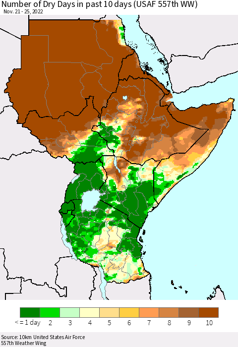 Eastern Africa Number of Dry Days in past 10 days (USAF 557th WW) Thematic Map For 11/21/2022 - 11/25/2022