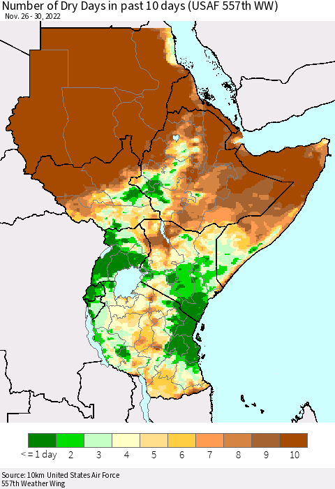 Eastern Africa Number of Dry Days in past 10 days (USAF 557th WW) Thematic Map For 11/26/2022 - 11/30/2022