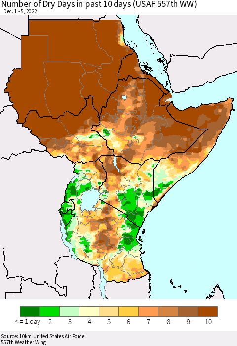 Eastern Africa Number of Dry Days in past 10 days (USAF 557th WW) Thematic Map For 12/1/2022 - 12/5/2022