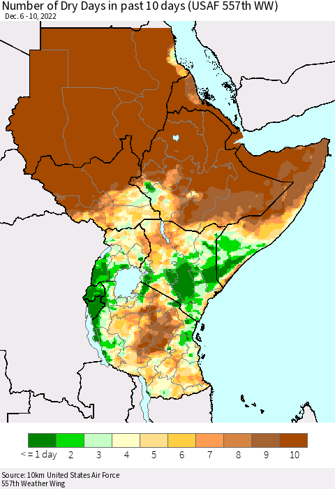Eastern Africa Number of Dry Days in past 10 days (USAF 557th WW) Thematic Map For 12/6/2022 - 12/10/2022