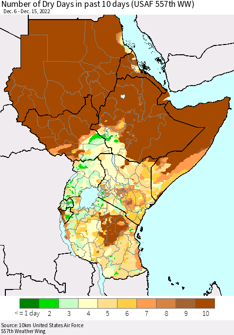 Eastern Africa Number of Dry Days in past 10 days (USAF 557th WW) Thematic Map For 12/11/2022 - 12/15/2022