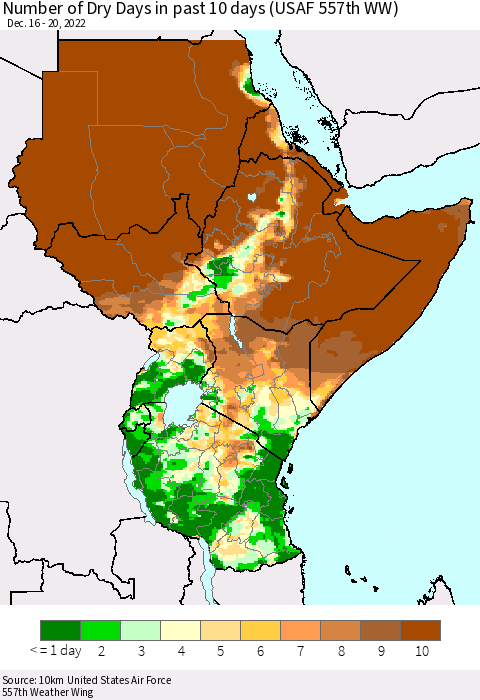 Eastern Africa Number of Dry Days in past 10 days (USAF 557th WW) Thematic Map For 12/16/2022 - 12/20/2022