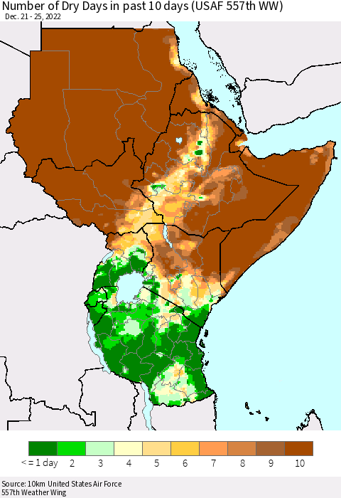 Eastern Africa Number of Dry Days in past 10 days (USAF 557th WW) Thematic Map For 12/21/2022 - 12/25/2022