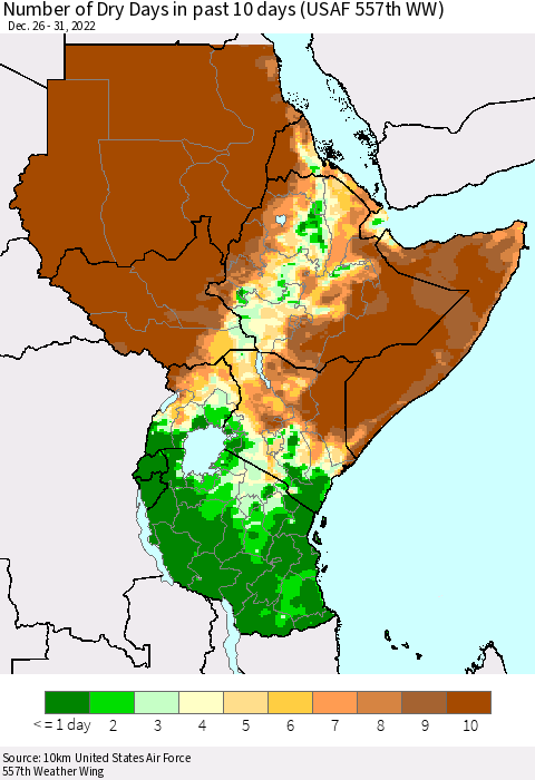 Eastern Africa Number of Dry Days in past 10 days (USAF 557th WW) Thematic Map For 12/26/2022 - 12/31/2022