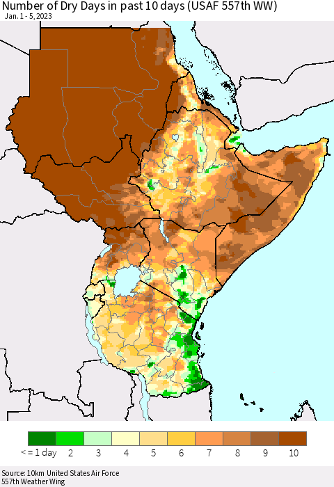 Eastern Africa Number of Dry Days in past 10 days (USAF 557th WW) Thematic Map For 1/1/2023 - 1/5/2023