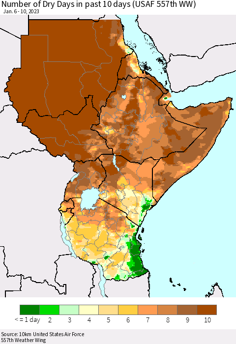 Eastern Africa Number of Dry Days in past 10 days (USAF 557th WW) Thematic Map For 1/6/2023 - 1/10/2023