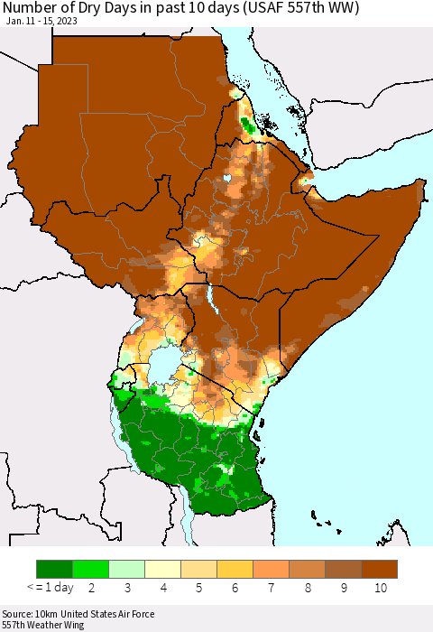 Eastern Africa Number of Dry Days in past 10 days (USAF 557th WW) Thematic Map For 1/11/2023 - 1/15/2023