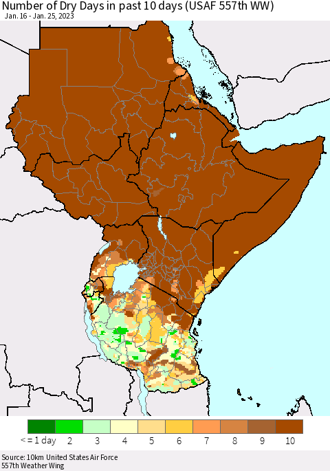Eastern Africa Number of Dry Days in past 10 days (USAF 557th WW) Thematic Map For 1/21/2023 - 1/25/2023