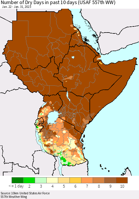 Eastern Africa Number of Dry Days in past 10 days (USAF 557th WW) Thematic Map For 1/26/2023 - 1/31/2023