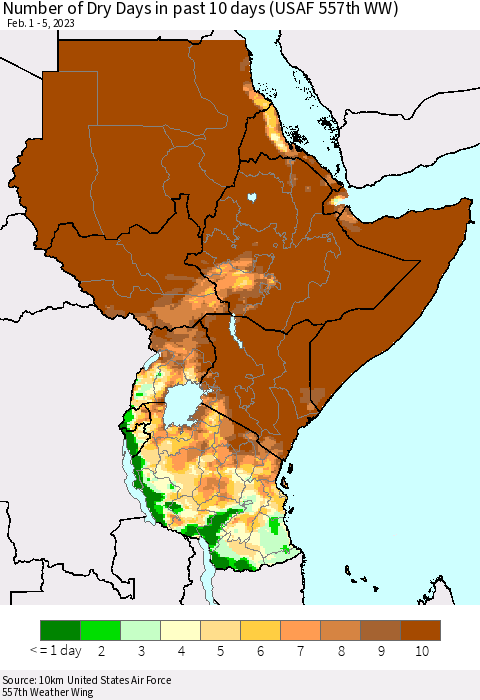 Eastern Africa Number of Dry Days in past 10 days (USAF 557th WW) Thematic Map For 2/1/2023 - 2/5/2023
