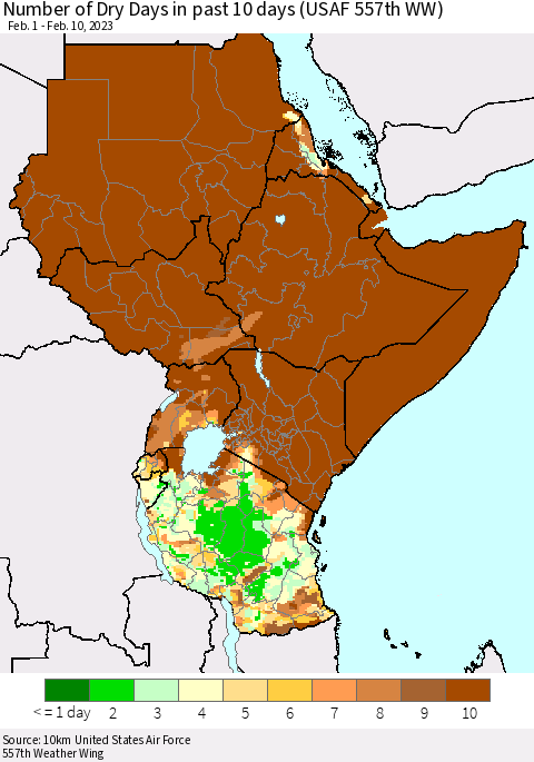Eastern Africa Number of Dry Days in past 10 days (USAF 557th WW) Thematic Map For 2/6/2023 - 2/10/2023