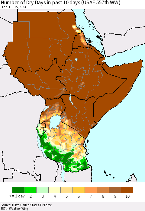 Eastern Africa Number of Dry Days in past 10 days (USAF 557th WW) Thematic Map For 2/11/2023 - 2/15/2023