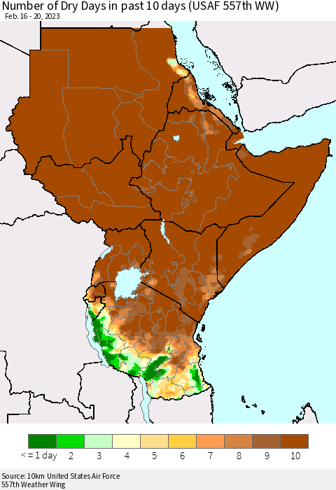 Eastern Africa Number of Dry Days in past 10 days (USAF 557th WW) Thematic Map For 2/16/2023 - 2/20/2023