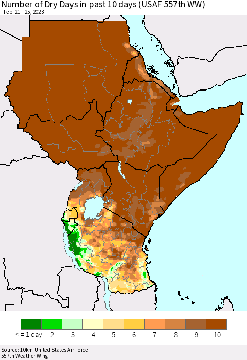 Eastern Africa Number of Dry Days in past 10 days (USAF 557th WW) Thematic Map For 2/21/2023 - 2/25/2023