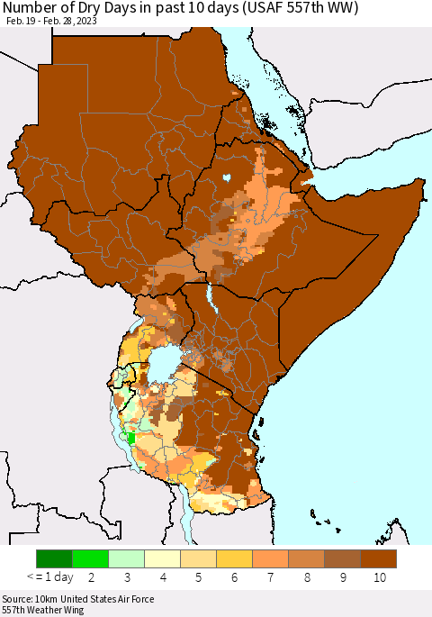 Eastern Africa Number of Dry Days in past 10 days (USAF 557th WW) Thematic Map For 2/26/2023 - 2/28/2023