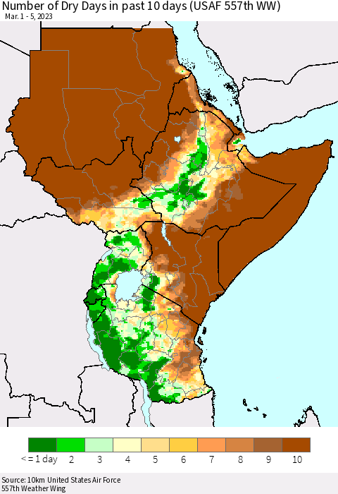 Eastern Africa Number of Dry Days in past 10 days (USAF 557th WW) Thematic Map For 3/1/2023 - 3/5/2023