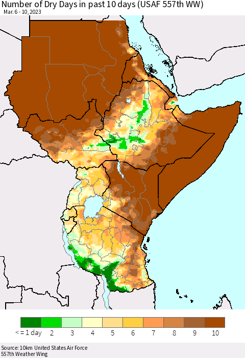 Eastern Africa Number of Dry Days in past 10 days (USAF 557th WW) Thematic Map For 3/6/2023 - 3/10/2023