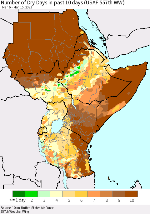Eastern Africa Number of Dry Days in past 10 days (USAF 557th WW) Thematic Map For 3/11/2023 - 3/15/2023