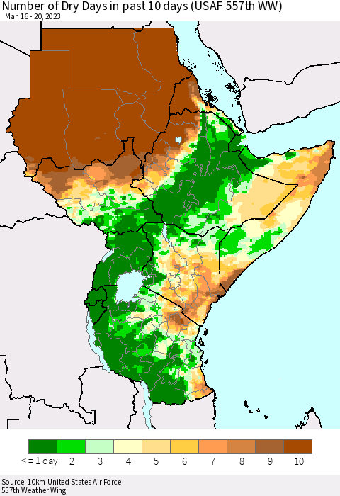 Eastern Africa Number of Dry Days in past 10 days (USAF 557th WW) Thematic Map For 3/16/2023 - 3/20/2023