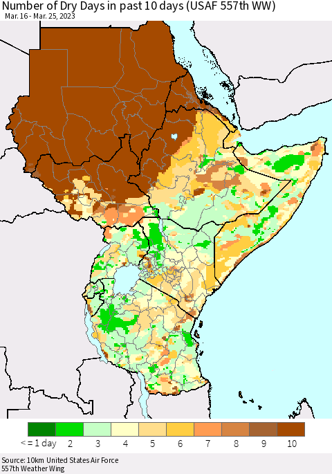 Eastern Africa Number of Dry Days in past 10 days (USAF 557th WW) Thematic Map For 3/21/2023 - 3/25/2023