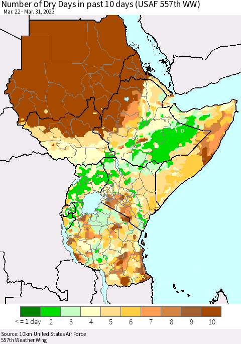 Eastern Africa Number of Dry Days in past 10 days (USAF 557th WW) Thematic Map For 3/26/2023 - 3/31/2023