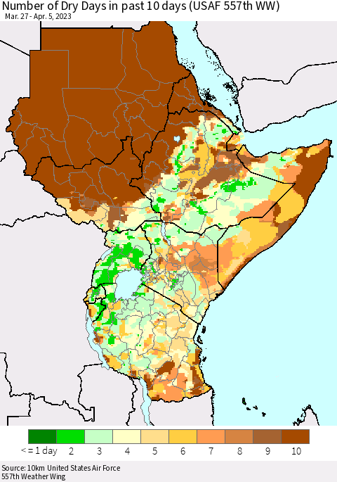 Eastern Africa Number of Dry Days in past 10 days (USAF 557th WW) Thematic Map For 4/1/2023 - 4/5/2023