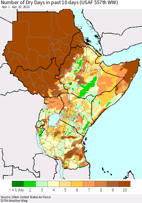 Eastern Africa Number of Dry Days in past 10 days (USAF 557th WW) Thematic Map For 4/6/2023 - 4/10/2023