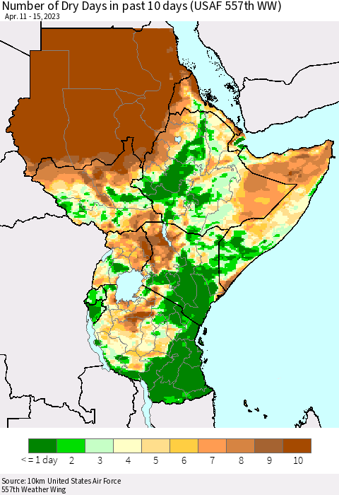 Eastern Africa Number of Dry Days in past 10 days (USAF 557th WW) Thematic Map For 4/11/2023 - 4/15/2023