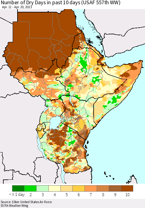 Eastern Africa Number of Dry Days in past 10 days (USAF 557th WW) Thematic Map For 4/16/2023 - 4/20/2023