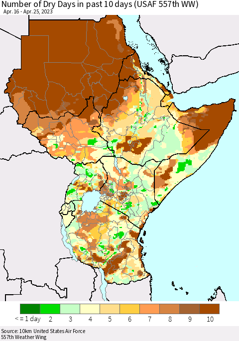 Eastern Africa Number of Dry Days in past 10 days (USAF 557th WW) Thematic Map For 4/21/2023 - 4/25/2023