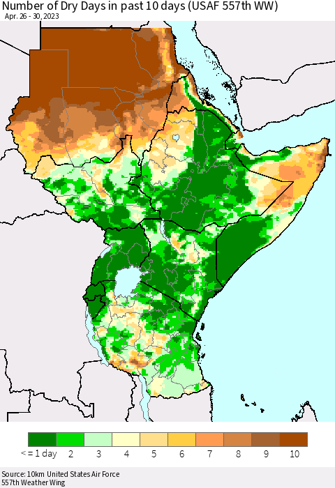 Eastern Africa Number of Dry Days in past 10 days (USAF 557th WW) Thematic Map For 4/26/2023 - 4/30/2023