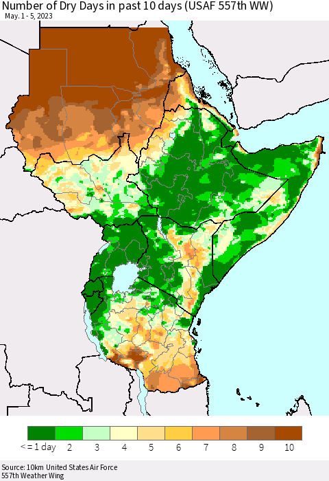 Eastern Africa Number of Dry Days in past 10 days (USAF 557th WW) Thematic Map For 5/1/2023 - 5/5/2023