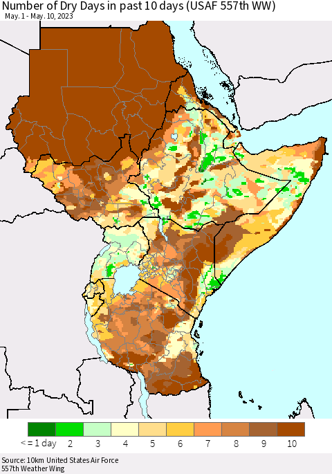 Eastern Africa Number of Dry Days in past 10 days (USAF 557th WW) Thematic Map For 5/6/2023 - 5/10/2023