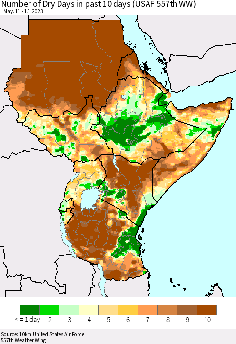 Eastern Africa Number of Dry Days in past 10 days (USAF 557th WW) Thematic Map For 5/11/2023 - 5/15/2023