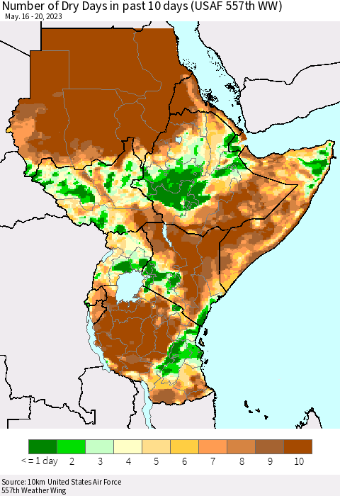 Eastern Africa Number of Dry Days in past 10 days (USAF 557th WW) Thematic Map For 5/16/2023 - 5/20/2023