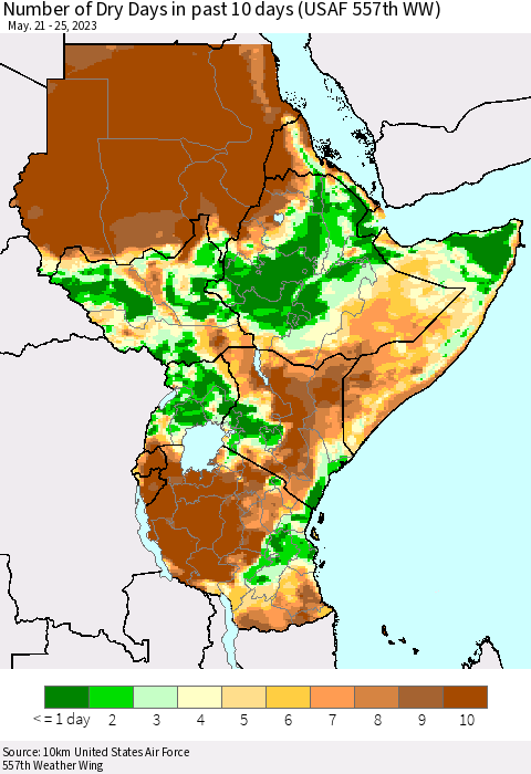 Eastern Africa Number of Dry Days in past 10 days (USAF 557th WW) Thematic Map For 5/21/2023 - 5/25/2023