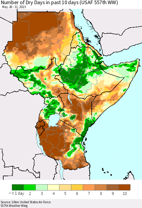 Eastern Africa Number of Dry Days in past 10 days (USAF 557th WW) Thematic Map For 5/26/2023 - 5/31/2023
