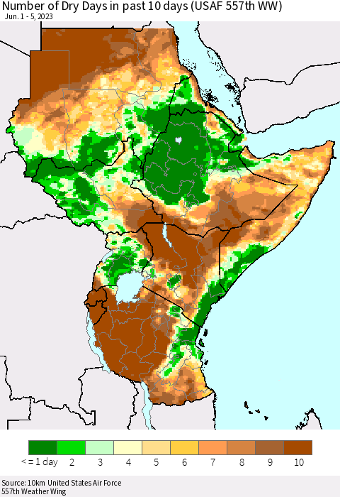 Eastern Africa Number of Dry Days in past 10 days (USAF 557th WW) Thematic Map For 6/1/2023 - 6/5/2023